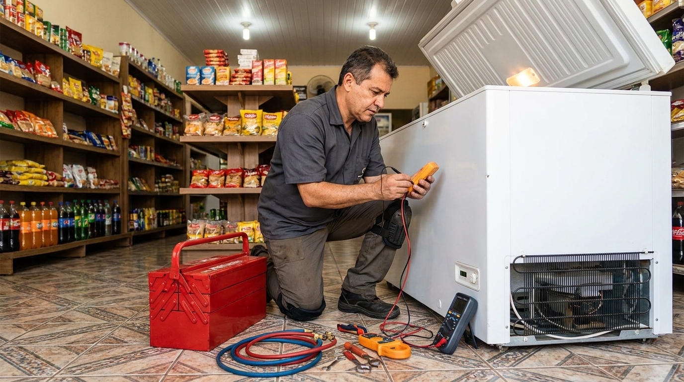 Recarga de gás refrigerante no freezer durante atendimento em Vitória da Conquista‑BA